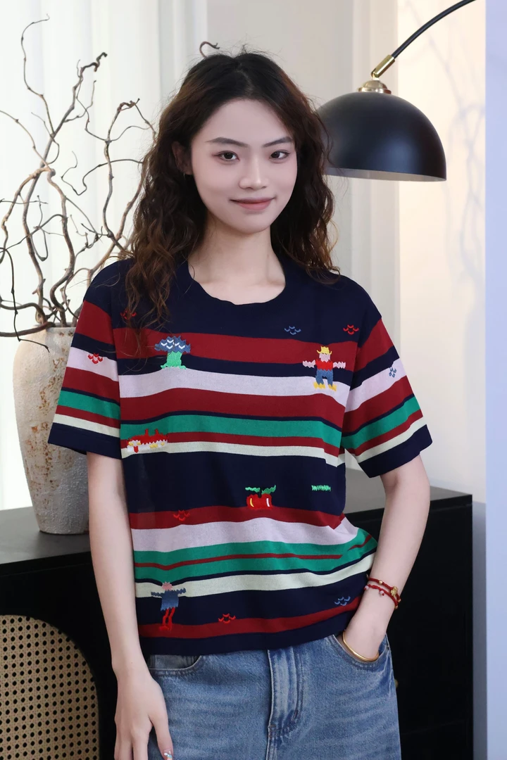 YIANYAN【莫问】夏季清爽重工刺绣条纹圆领T恤