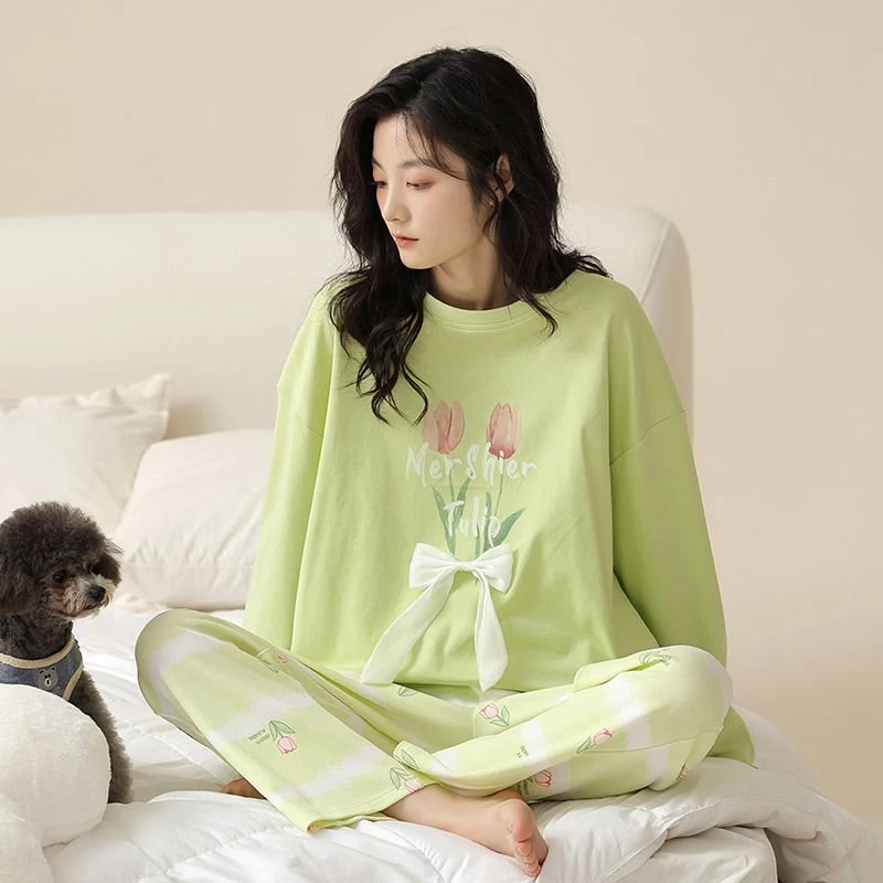 纯棉睡衣女款春秋季长袖甜美印花可外穿家居服套装