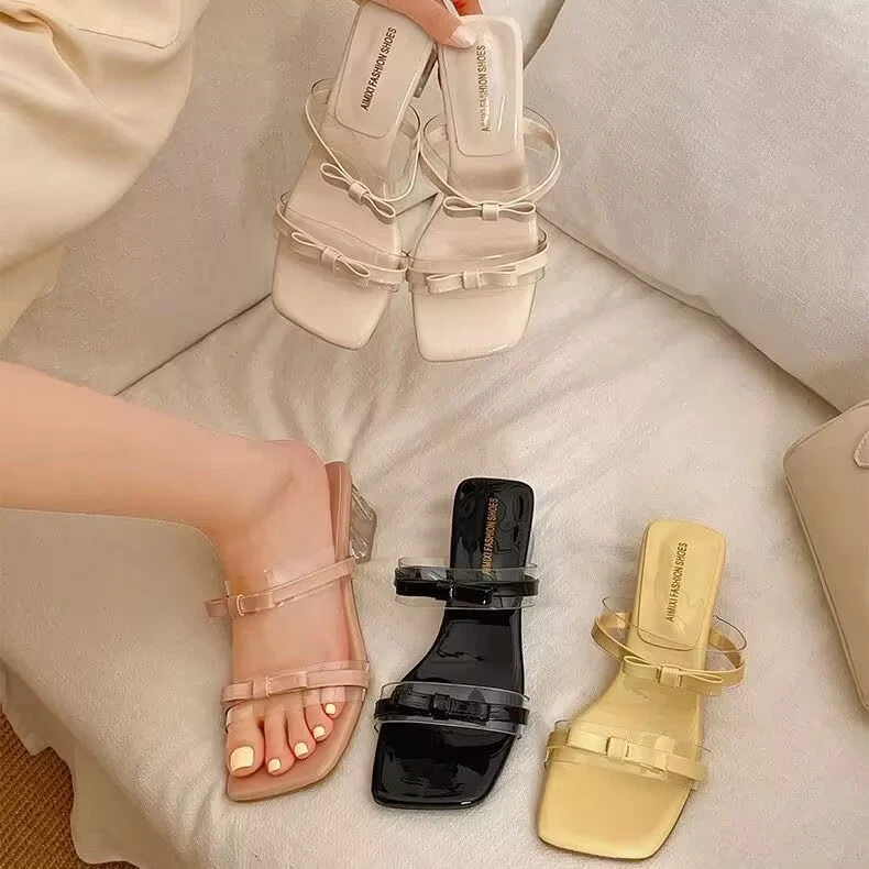 夏季厚底新款粗跟蝴蝶结水晶跟拖鞋女