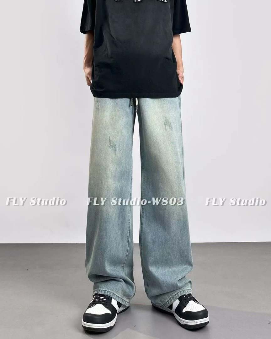 男士直筒休闲裤牛仔裤美式夏季高街宽松水洗百搭潮流街头设计感