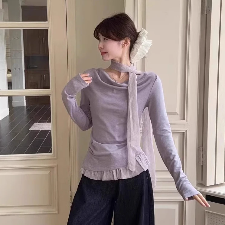 【原版做法 260克人棉】减龄蕾丝拼接假两件上衣女修身显瘦紫打底