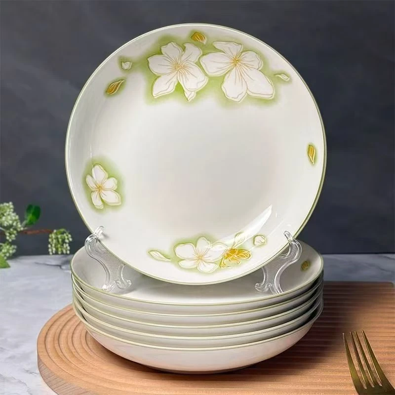 小清新釉下彩手绘7英寸圆盘黄金叶家用圆盘6个