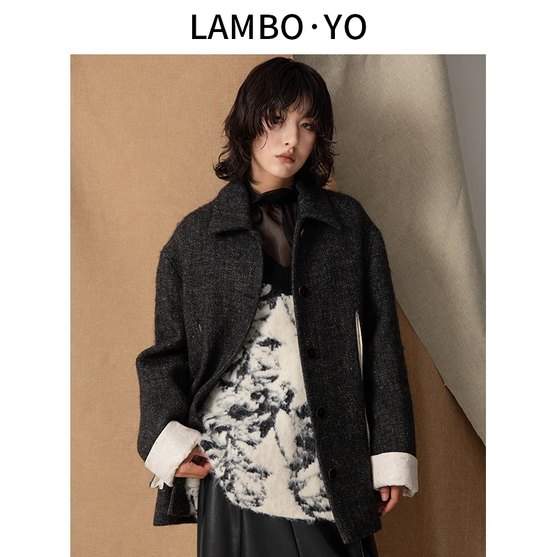 LAMBOYO新款小众设计撞色拼接大口袋重工宽松呢外套