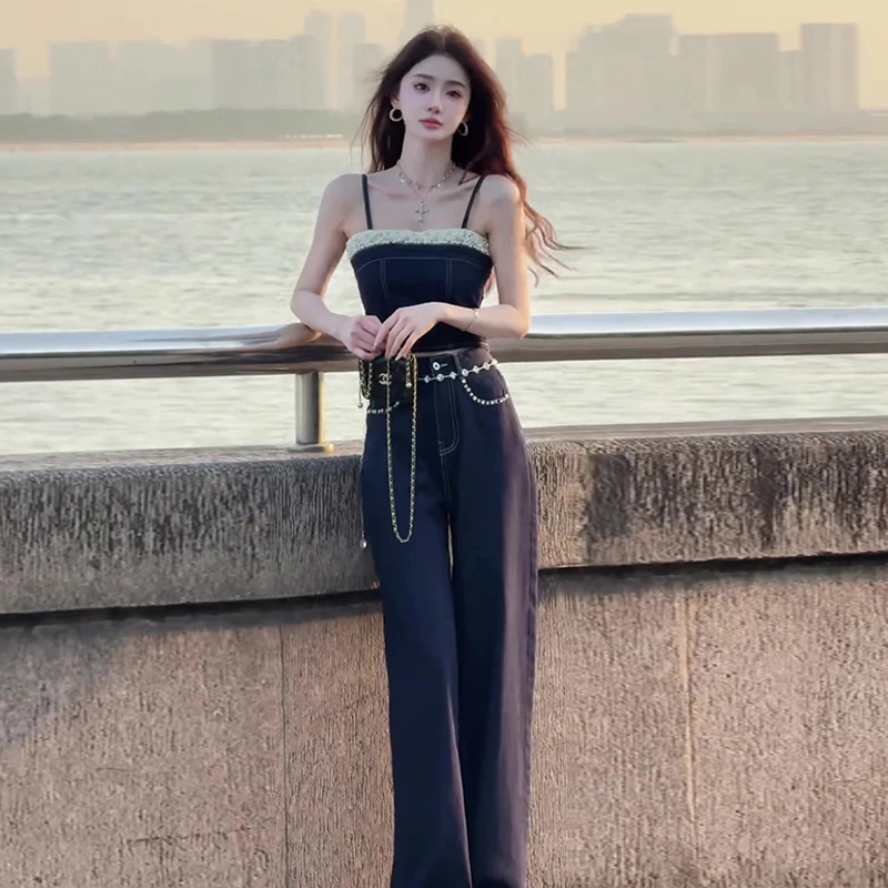 港风复古深蓝牛仔套装女夏季辣妹束腰吊带背心+高腰阔腿裤两件套