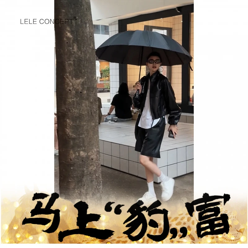 LELE CONCEPT丨【如一】都市气质洋气立领宽袖短款皮衣P0082