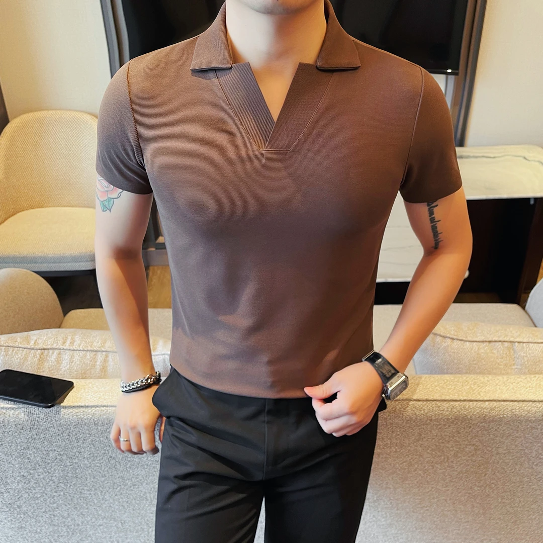 华夫格v领polo衫短袖男款秋季薄款冰丝高档男装痞帅高级感休闲t恤