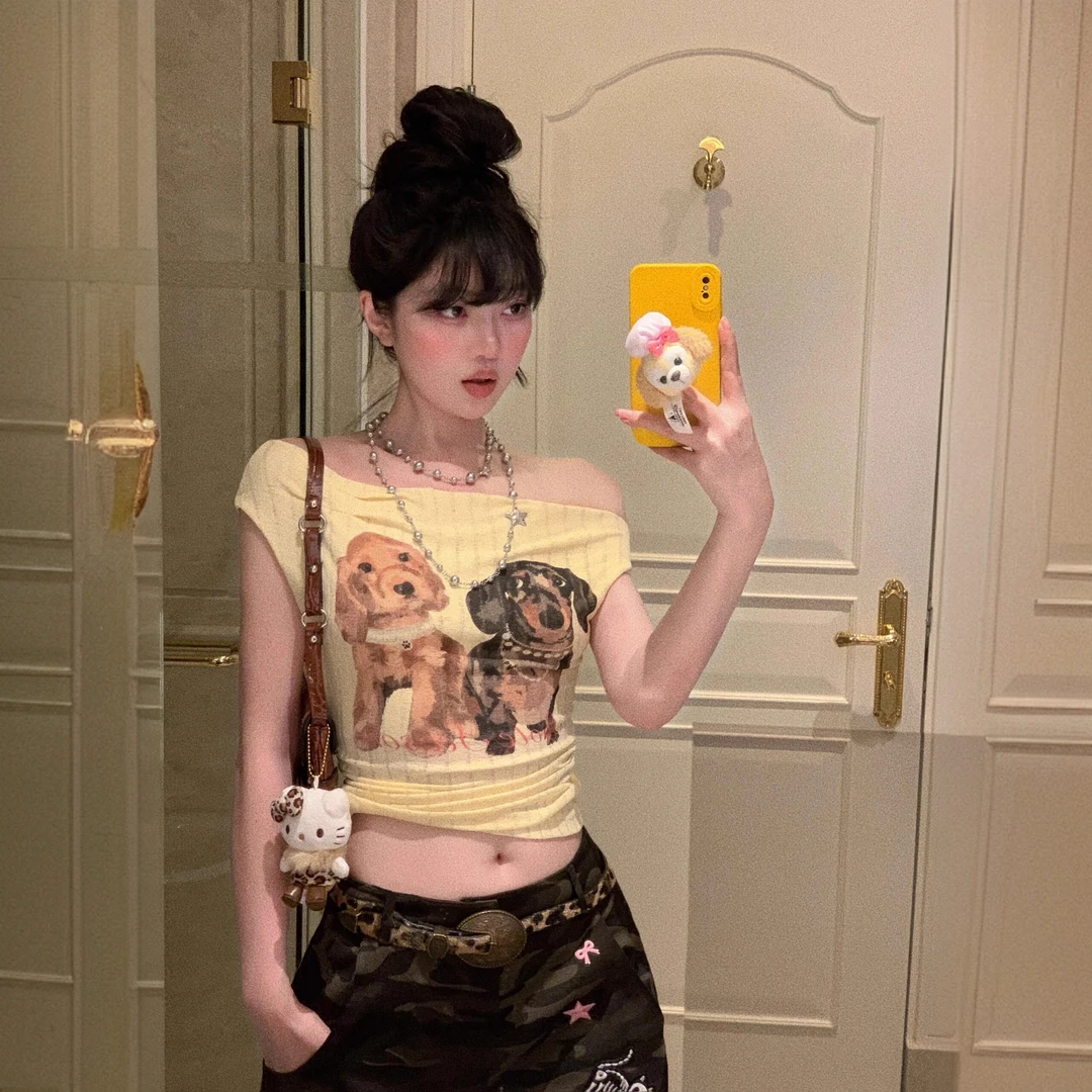 美式印花斜肩短袖T恤女夏纯欲气质甜辣妹修身显瘦小个子短款上衣