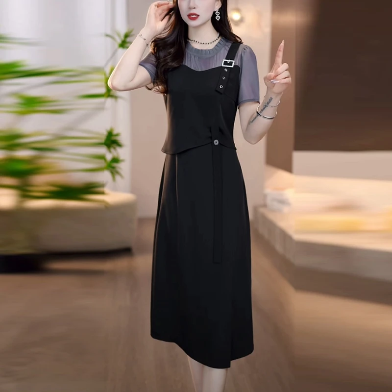 冰丽丝洋气衣服女2025夏季新款黑色显瘦轻奢高级感假两件连衣裙子