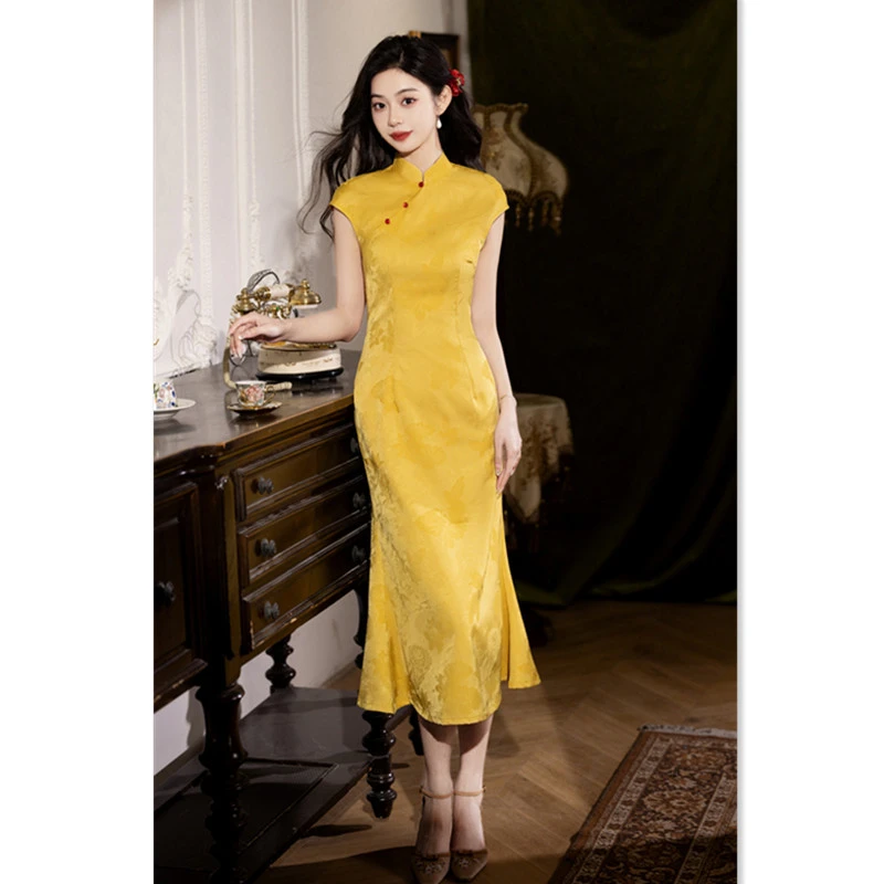 现代时尚改良新中式长款鱼尾旗袍2025夏新款年轻女士日常可穿旗袍