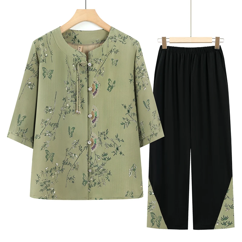 中老年女装夏天休闲套装大码妈妈装绣花宽松上衣奶奶装薄款两件套