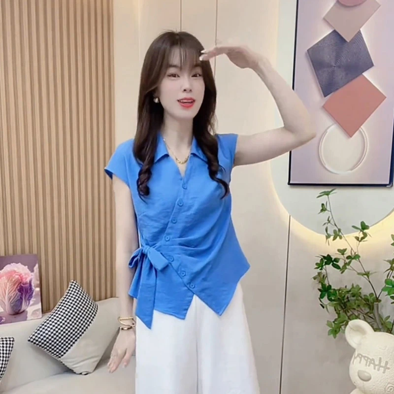 时尚斜扣衬衫女2025夏季洋气减龄显瘦设计感系带休闲短袖上衣潮