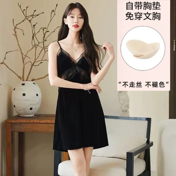 【夜蝴蝶】2025秋冬新款金丝绒睡衣女性感纯欲蕾丝家居服睡裙不褪色