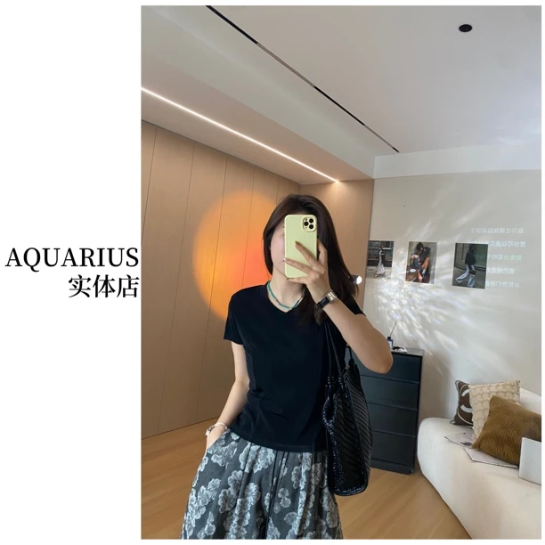 【AQUARIUS 】（半夏微甜）醋酸V领短袖上衣30557