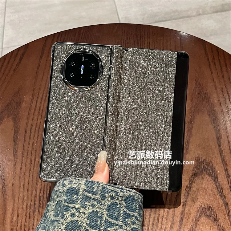 适用华为matex5/x6折叠屏典藏版手机壳银色闪钻全包防摔翻盖皮套