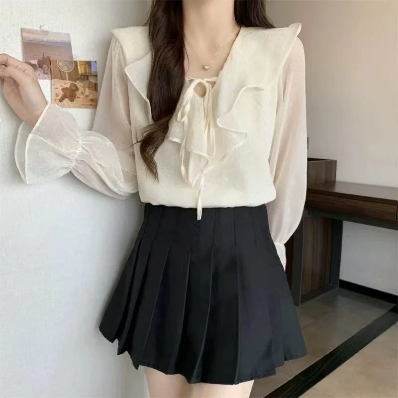 9936法式别致漂亮衬衫女秋季新款荷叶边甜美气质长袖大码女装上衣