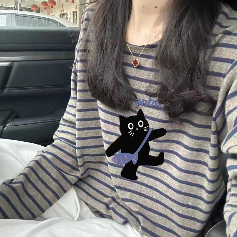 长袖t恤女复古条纹圆领慵懒撞色春秋季打底衫宽松藏蓝色印花上衣