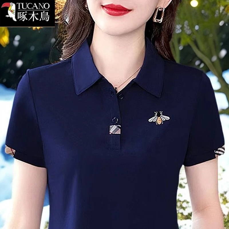 啄木鸟新款韩版POLO领短袖t恤中年女装2025年夏季刺绣高级感上衣