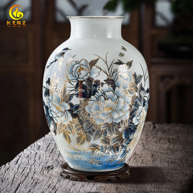 手绘描金花开富贵冬瓜瓶新中式客厅玄关装饰品景德镇陶瓷高档摆件
