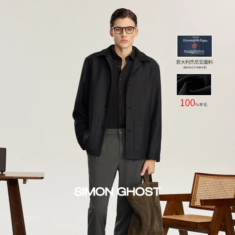 【杰尼亚面料】意大利男士夹克100羊毛翻领商务休闲简约黑色外套