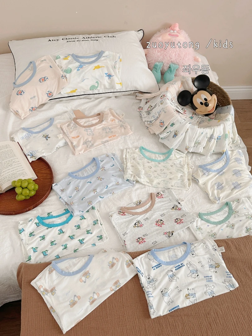 左羽童优可丝满花短袖家居服夏季九分袖薄款男女童空调服亲子睡衣