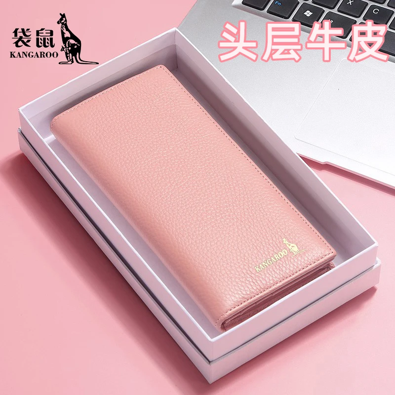 袋鼠钱包女款2025新款真皮长款钱夹女士大容量牛皮夹女生卡包手包