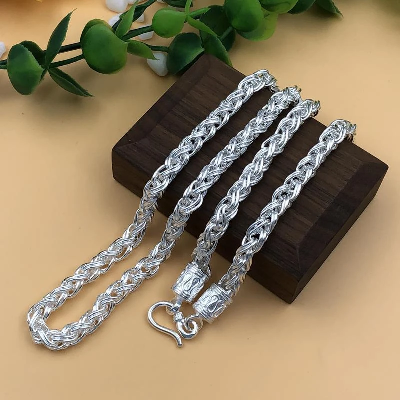 链子足银 999纯银足银复古项链扭麻花麻绳链男士粗款民族风霸气纯