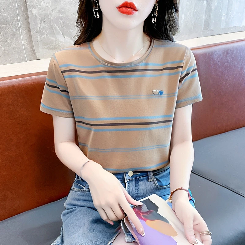 撞色条纹圆领短袖t恤女2025新款夏季宽松半袖设计感爱心刺绣上衣