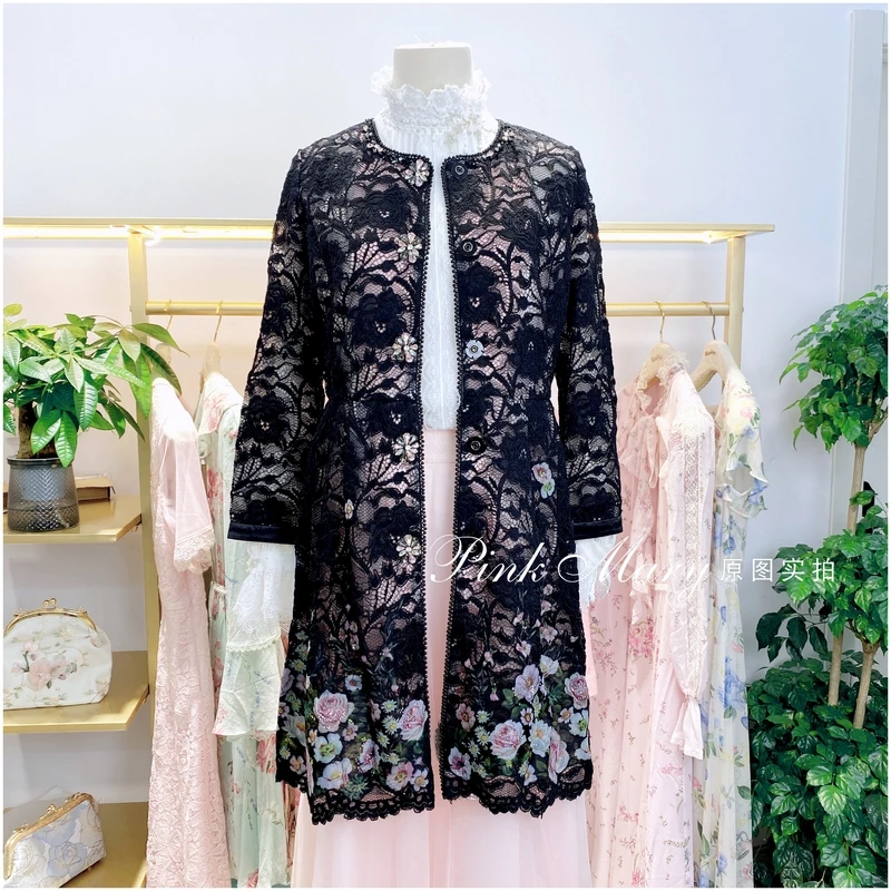 Pink Mary粉红玛琍黑色圆领长袖上衣简约长款外套女装PMAGW661988