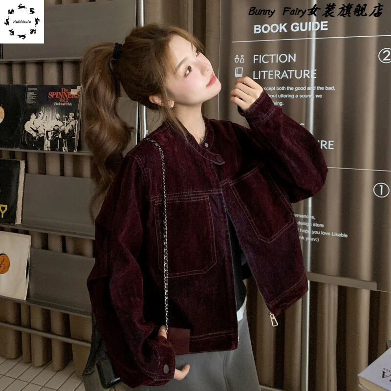 酒红色气质丝绒牛仔外套女早春秋2025新款韩系气质时髦短款夹克