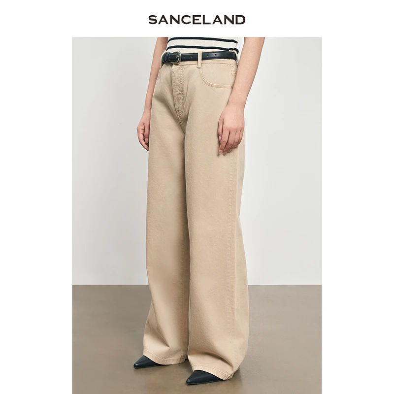 SANCELAND三石一澜新款纯棉休闲直筒阔腿牛仔裤显瘦女SJ12203040
