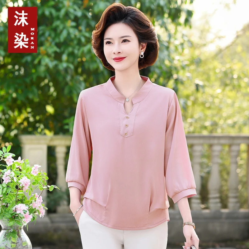 夏季新款妈妈装中袖小衫中老年大码翻领短袖T恤女装上衣宽松遮肚