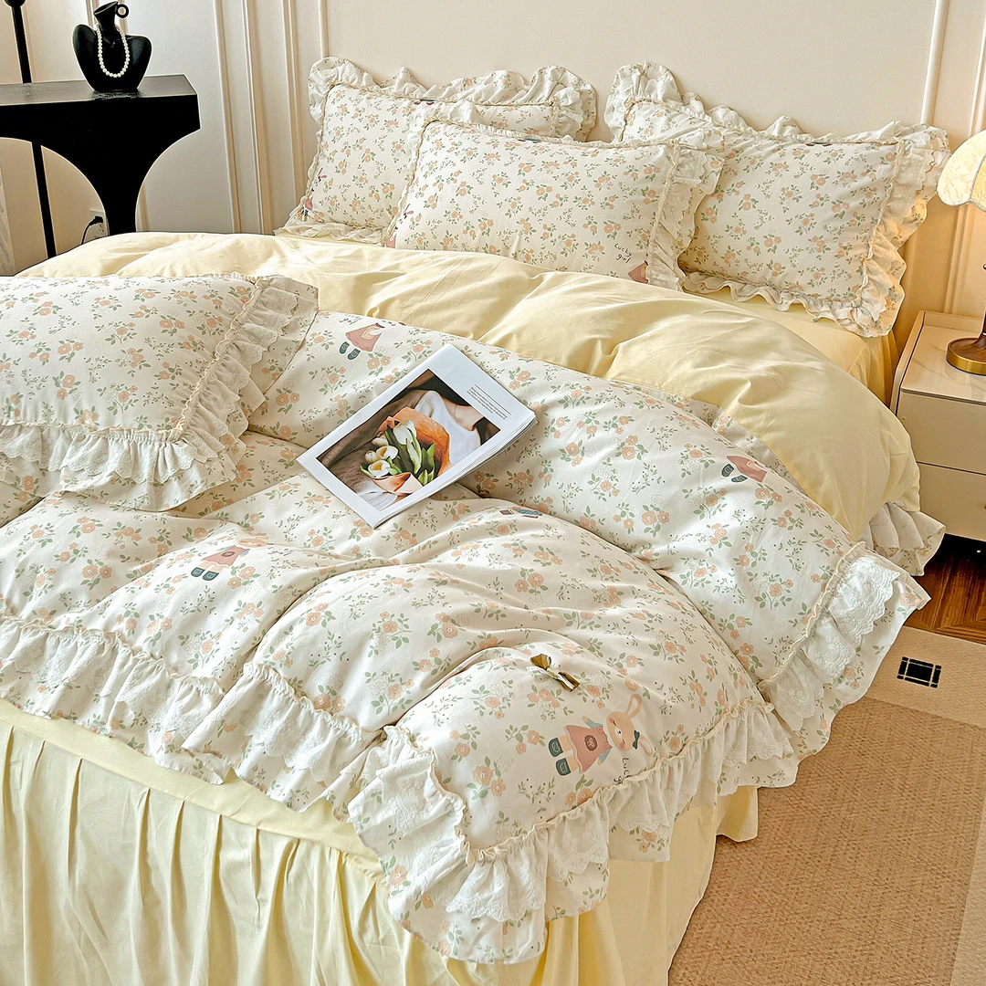 韩版双层花边床裙款全棉四件套小清新印花亲肤软糯被套罩床单家用