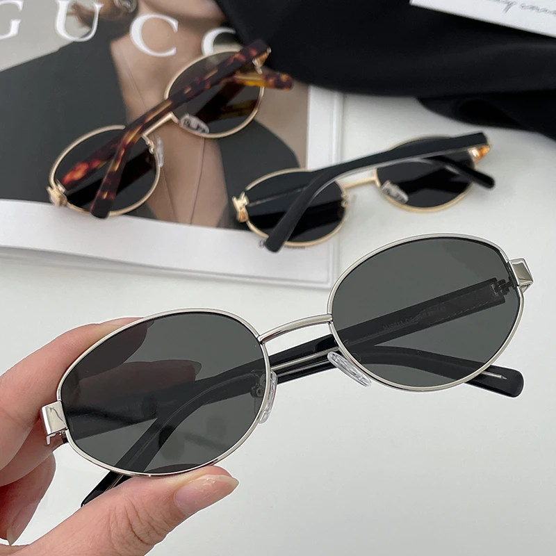 美式复古椭圆金属框墨镜女街拍个性高级感ins防紫外线太阳眼镜男