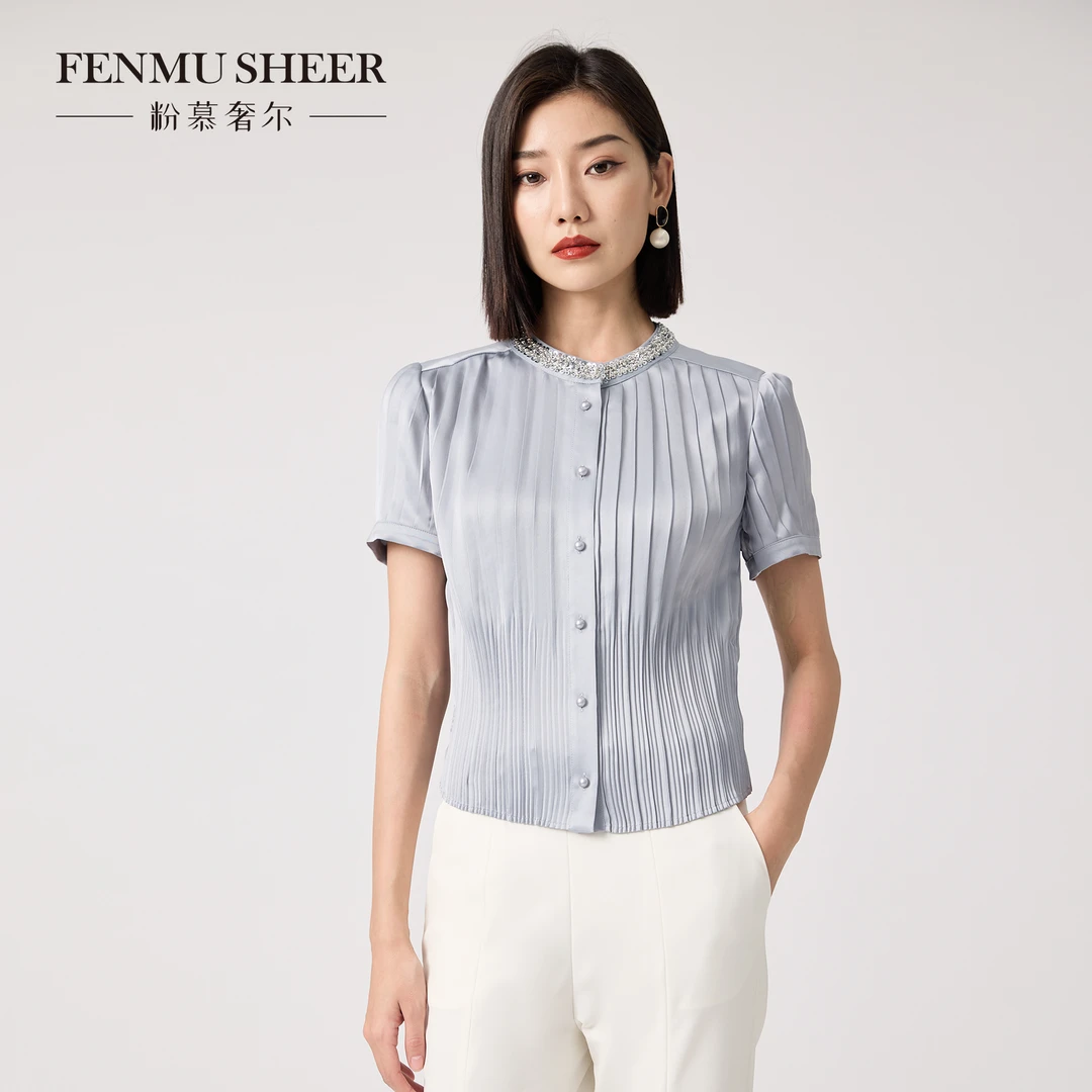 【婷婷专属】粉慕奢尔『爵士风琴』醋酸压褶气质钉珠圆领上衣-G2101