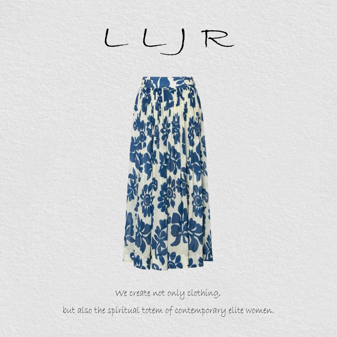 【向姐】2025年新款苎麻高级感蓝色复古印花花半身裙251825