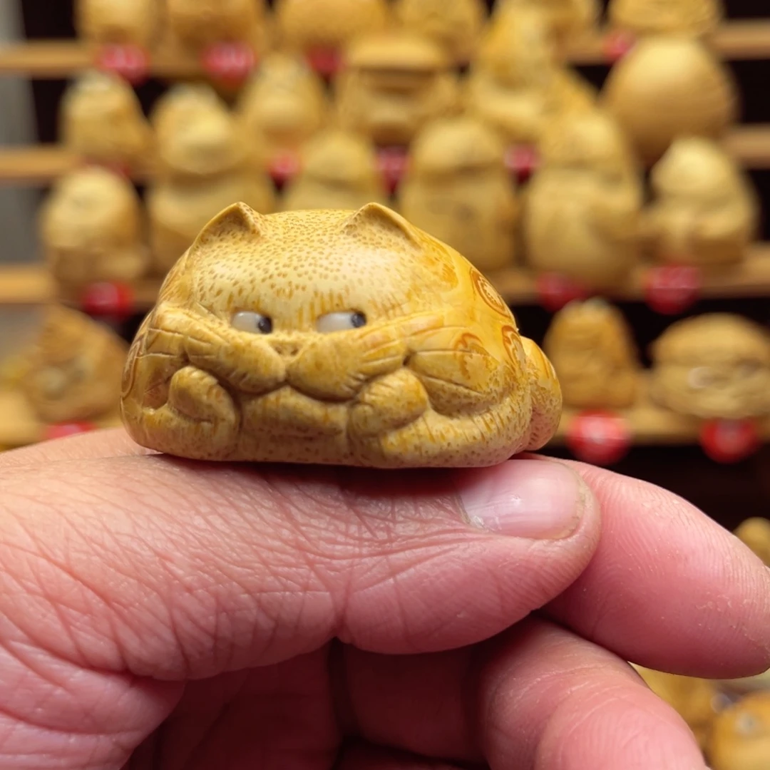 香榧木浅*竹根雕猫咪手把件
