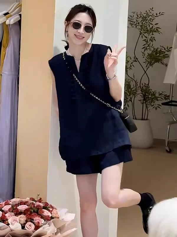 夏季无袖背心上衣阔腿短裤两件套女休闲宽松显瘦夏季搭配一整套装