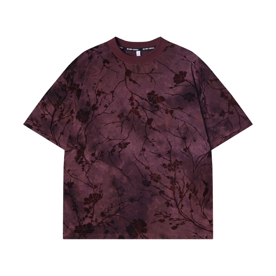 夏季高级感新款国风花卉绒面印花圆领短袖T恤潮流百搭情侣上衣