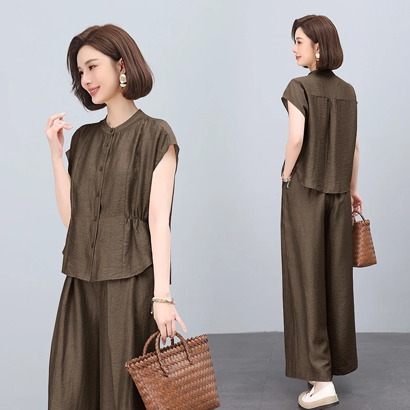 妈妈夏装天丝麻套装2025新款贵夫人洋气薄款短袖衬衫阔腿裤两件套