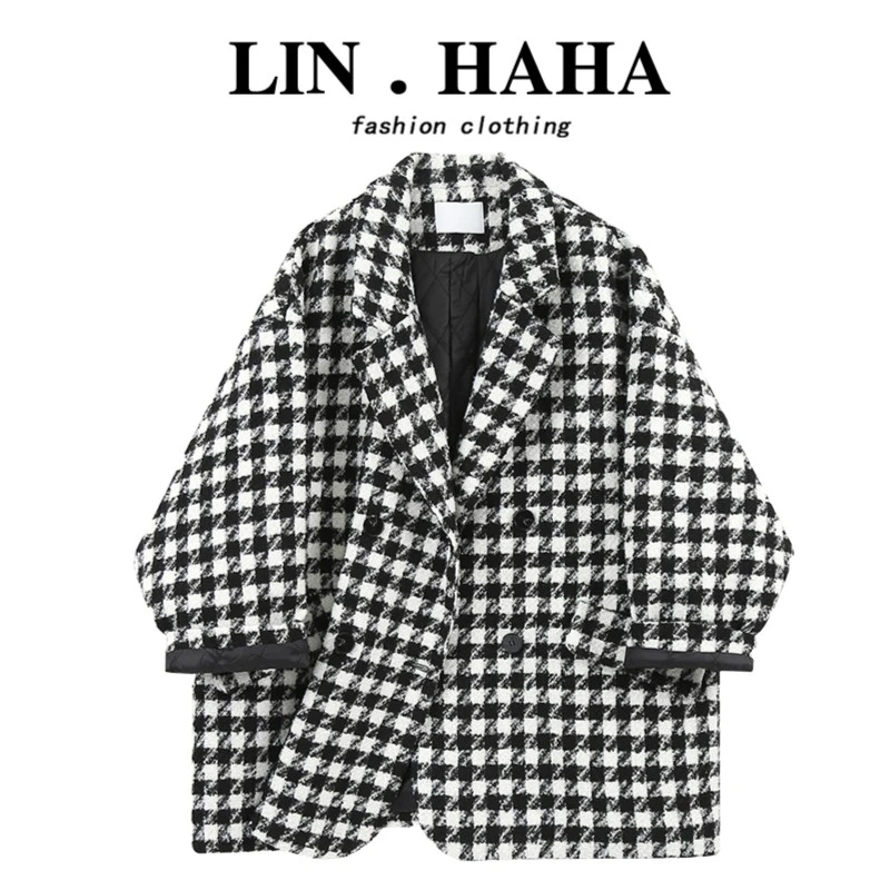 高级感美拉德穿搭毛呢格子西装外套女大码秋冬季宽松显瘦休闲西服