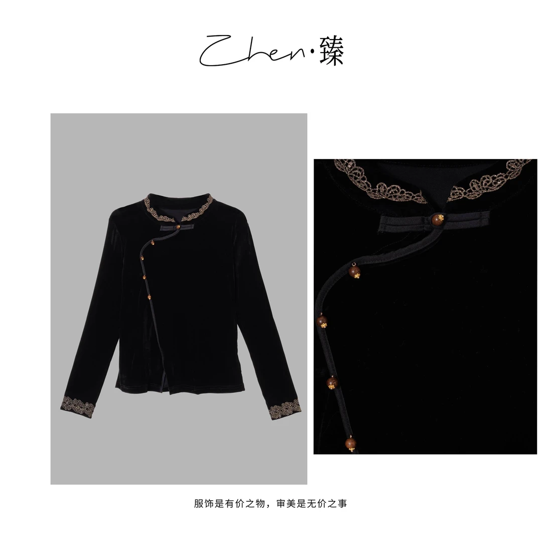 ZHEN.臻 新中式立领刺绣钩花斜襟灯笼扣秋季单穿丝绒衬衫CS8879Z