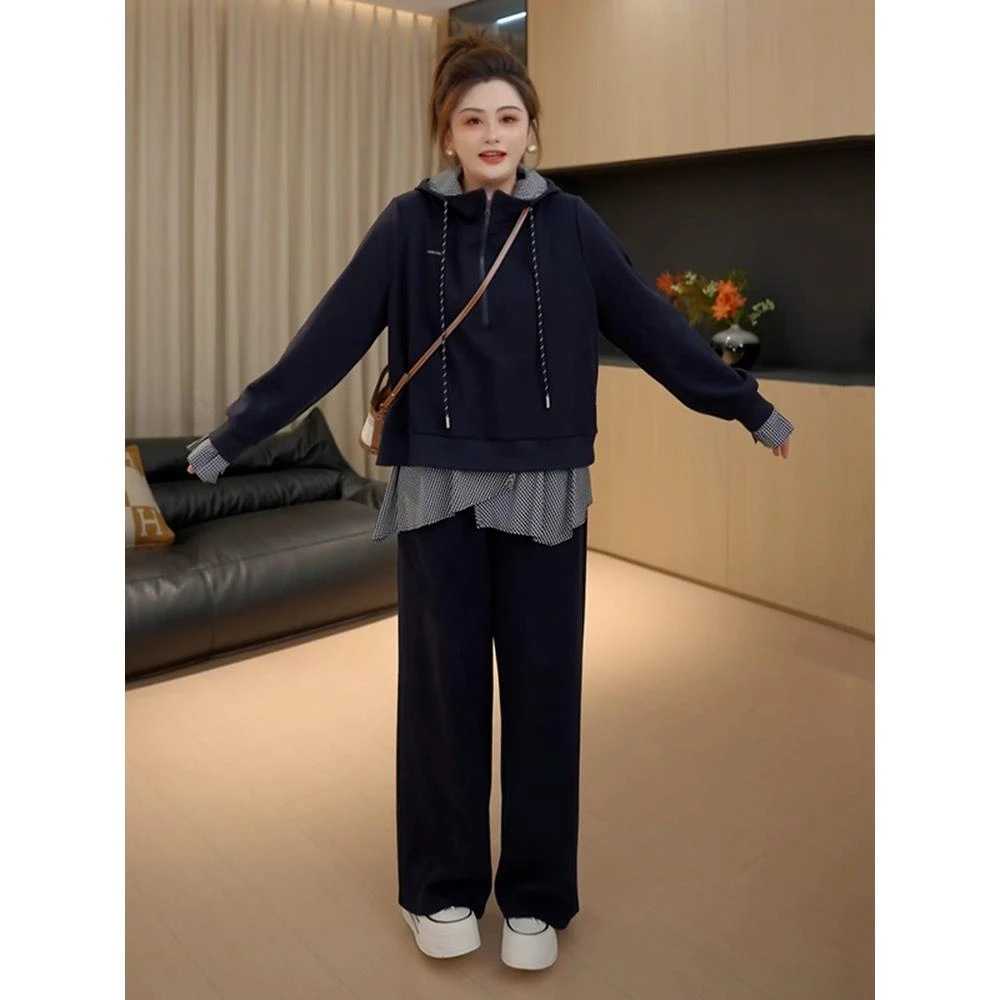 胖佳大码慵懒套装连帽卫衣格子裙裤两件套女胖mm早秋巨显瘦一整套