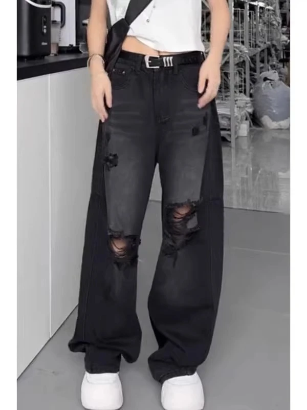 黑色窄版破洞阔腿牛仔裤子女夏季新款拖地裤大码美式弯刀裤直筒裤