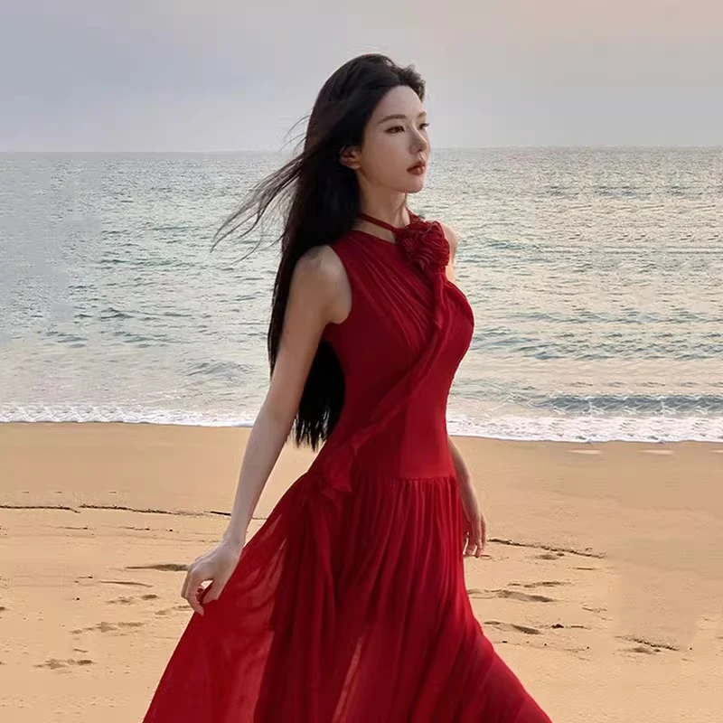 法式性感纯欲风花朵红色斜肩吊带连衣裙女夏辣妹海边度假显瘦长裙