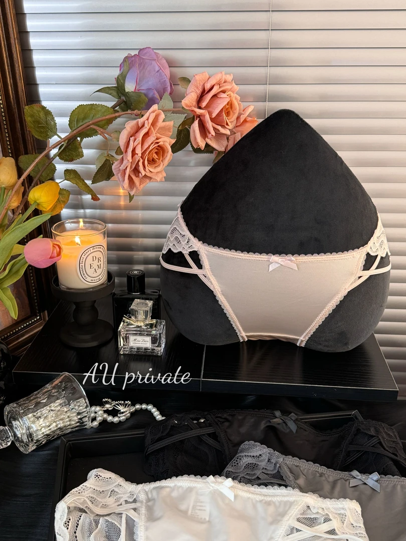 法式低腰镂空波浪无痕蕾丝内裤蝴蝶结缎面拼接网纱三角裤