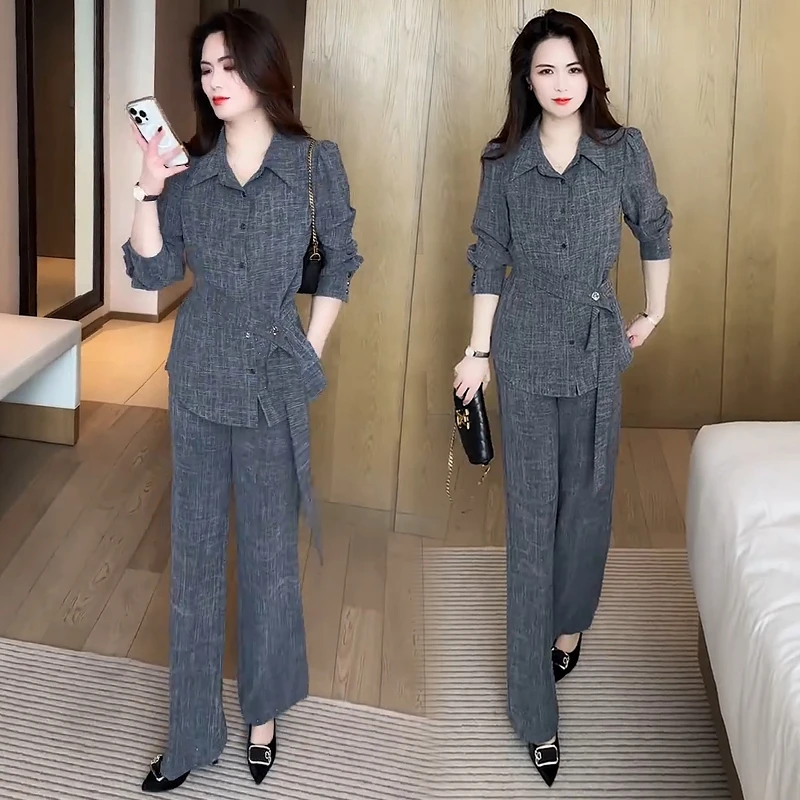 时尚套装女2025春季新款洋气修身显瘦收腰系带衬衫阔腿裤两件套潮