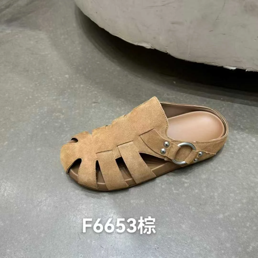 F6653平跟磨砂包头反绒平底镂空包头拖凉拖休闲