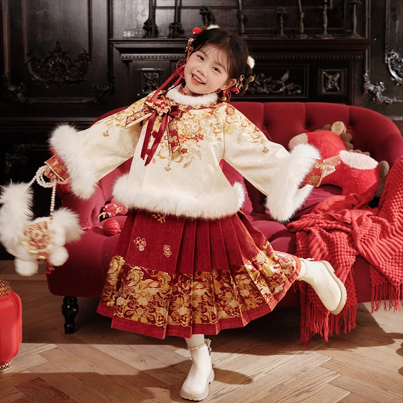 十三余童装[白马嘉岁]织金圆领袄改良连衣裙马面拜年女童