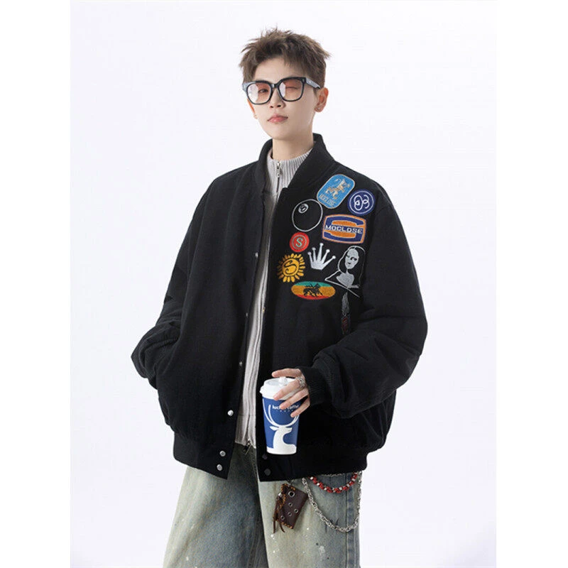 青少年小众ins印花刺绣外套男春秋美式潮牌高街重磅宽松休闲夹克