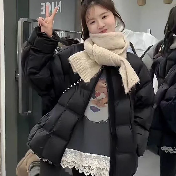 韩版简约纯色圆领外套女冬季新款时尚加厚保暖显瘦棉衣棉服